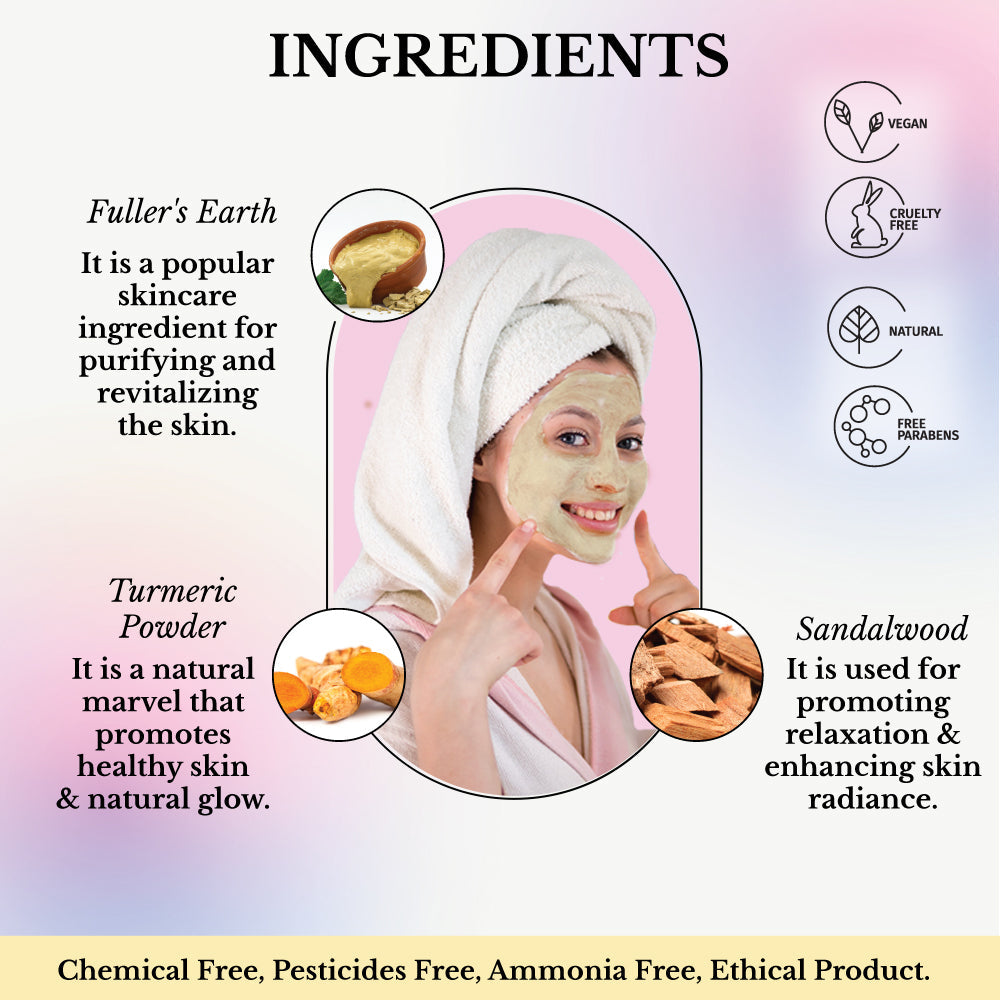 Face Glow- Fuller’s Earth w/ Turmeric & Sandalwood- 12 Individual Sachets of Multani Mitti (10 gm each)- Reusable Brush & Tray Included
